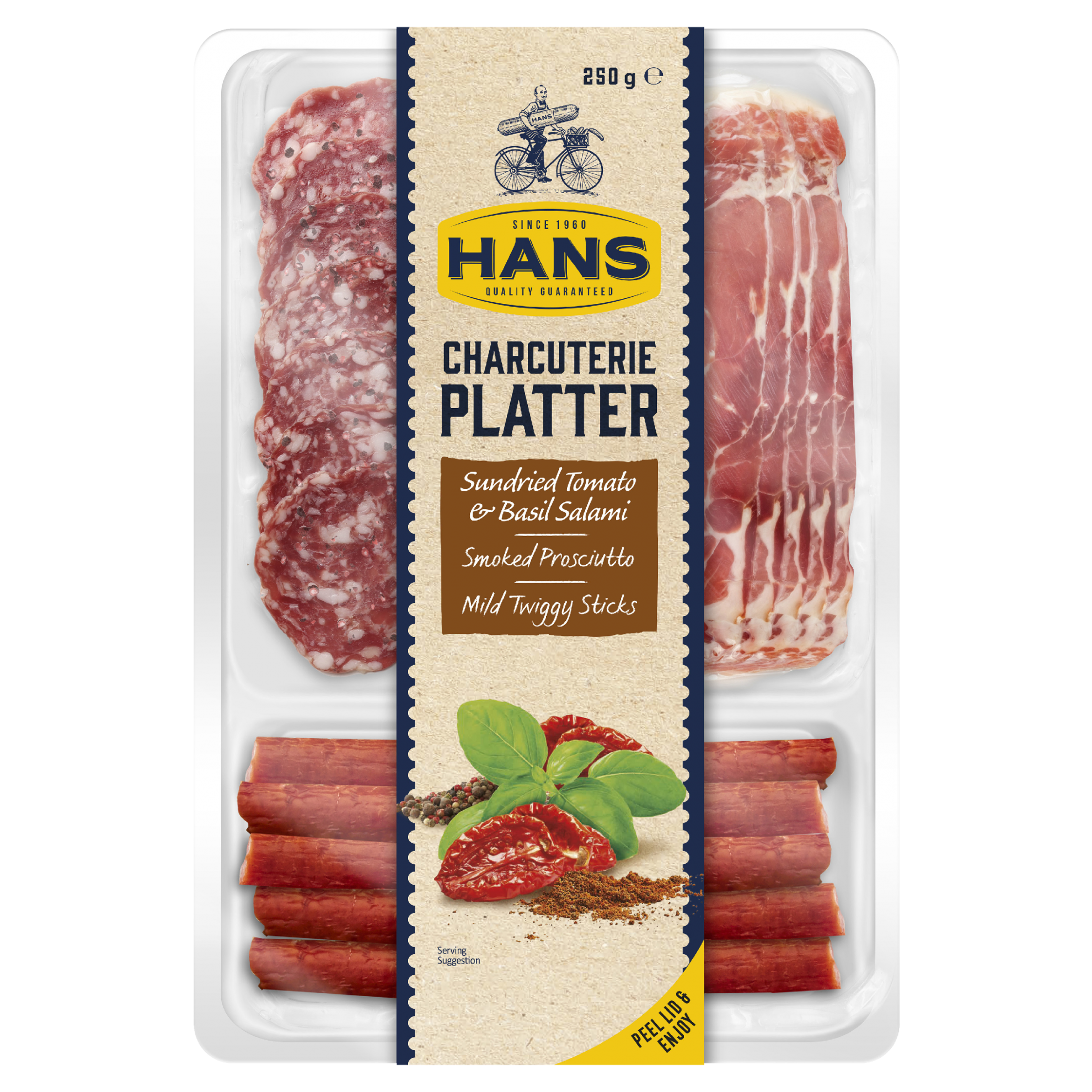 Hans Charcuterie Platter – Sundried Tomato & Basil Salami with Prosciutto, Mild Twiggy Sticks 250g